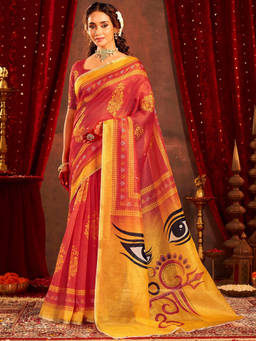 Nyri - Red Linen Printed Saree