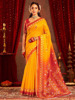 Nyri - Yellow Linen Printed Saree