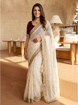 Nyri - Embroidered Embellished Sequinned Satin White Saree