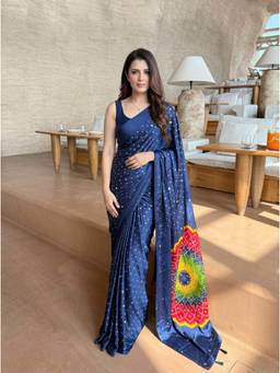 Nyri - Embellished Mirrorwork Printed Ajrak Modal Silk Navy Blue Saree