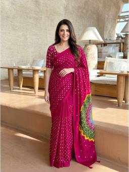 Nyri - Embellished Mirrorwork Printed Ajrak Modal Silk Pink Saree