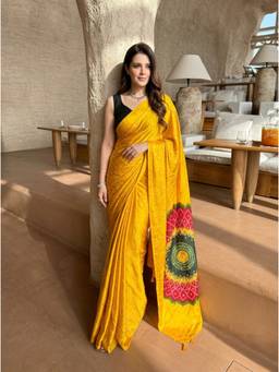 Nyri - Embellished Mirrorwork Printed Ajrak Modal Silk Yellow Saree