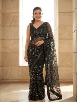 Nyri - Embroidered Embellished Sequinned Net Black Saree