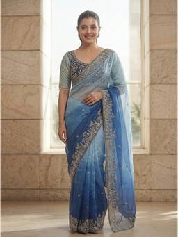 Nyri - Embroidered Embellished Sequinned Satin Blue Saree