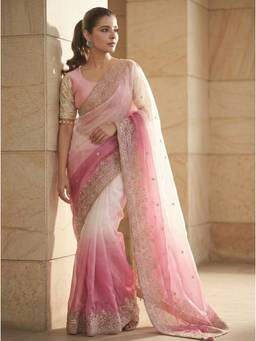 Nyri - Embroidered Embellished Sequinned Satin Pink Saree