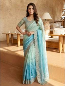 Nyri - Embroidered Embellished Sequinned Satin Aqua Saree