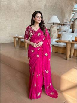 Nyri - Embroidered Embellished Beads and Stones Satin Pink Saree