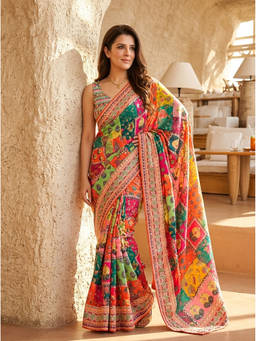 Nyri - Embellished Printed Mirrorwork Chiffon Multi-Color Saree