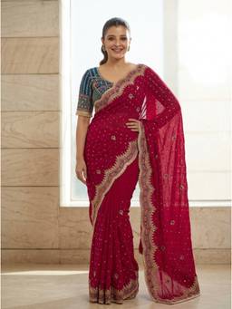 Nyri - Embroidered Embellished Sequinned Satin Maroon Saree