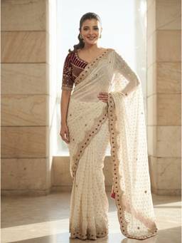 Nyri - Embroidered Embellished Sequinned Satin White Saree