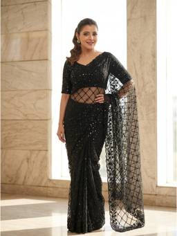 Nyri - Embroidered Embellished Sequinned Net Black Saree