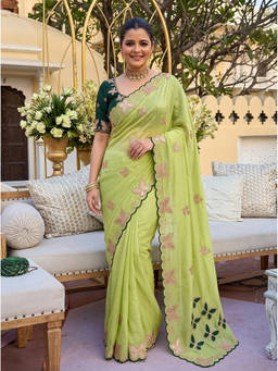 Nyri - Embroidered Embellished Sequinned Georgette Green Saree