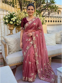 Nyri - Embroidered Embellished Sequinned Georgette Pink Saree
