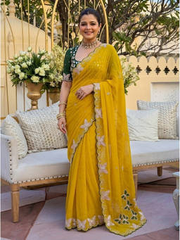 Nyri - Embroidered Embellished Sequinned Georgette Mustard Saree
