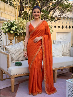 Nyri - Embellished Beads Sequinned Satin Rust Saree