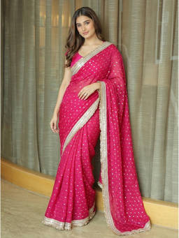 Nyri - Embellished Sequinned Satin Viscose Pink Saree