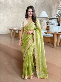 Nyri - Embroidered Embellished Sequinned Satin Green Saree