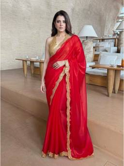 Nyri - Embellished Sequinned Net Red Saree