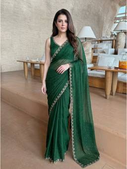 Nyri - Embellished Beads and Stones Chiffon Green Saree