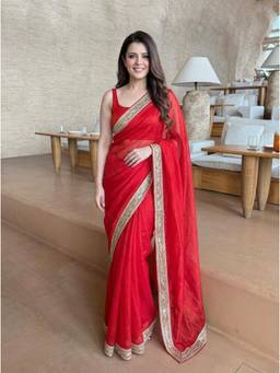 Nyri - Embellished Beads and Stones Satin Red Saree