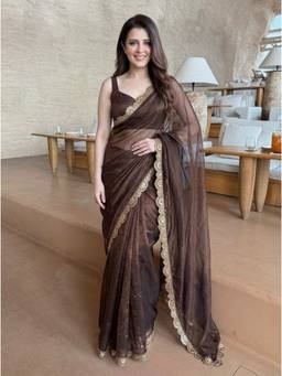 Nyri - Embellished Sequinned Net Brown Saree