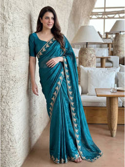 Nyri - Embellished Beads and Stones Satin Teal Saree