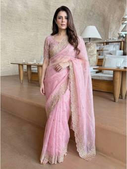 Nyri - Embroidered Embellished Sequinned Satin Pink Saree