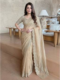 Nyri - Embroidered Embellished Sequinned Satin Gold Saree