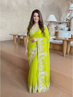 Nyri - Floral Zari Embroidered Embellished Sequinned Satin Green Saree