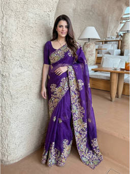 Nyri - Floral Zari Embroidered Embellished Sequinned Satin Purple Saree