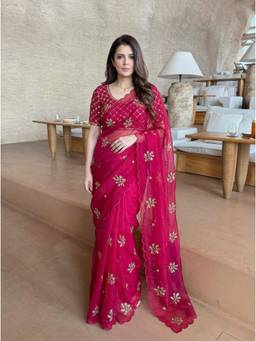 Nyri - Floral Zari Beads and Stones Embellished Sequinned Satin Pink Saree