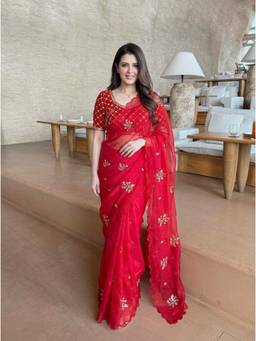 Nyri - Floral Zari Beads and Stones Embroidered Embellished Sequinned Satin Saree