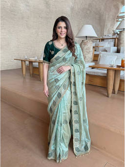 Nyri - Floral Zari Embroidered Embellished Sequinned Satin Beige Saree