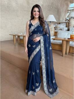 Nyri - Embellished Embroidered Sequinned Satin Navy Blue Saree