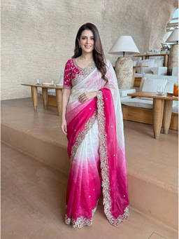Nyri - Embroidered Embellished Sequinned Satin Pink Saree