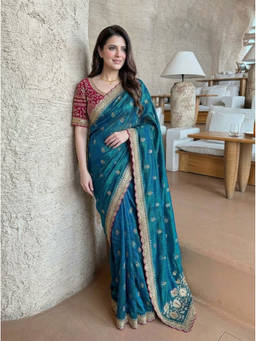 Nyri - Floral Zari Embroidered Embellished Sequinned Satin Teal Saree