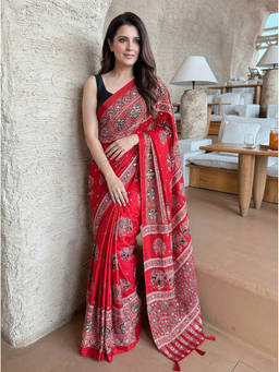 Nyri - Mirrorwork Printed Ajrak Modal Silk Red Saree