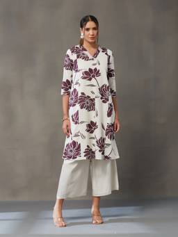 Gahan - Women Cotton Flex Floral Printed Straight Off White Kurta