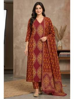 Gahan - Maroon & Gold Ethnic Motif Cotton Straight Kurta with Pant & Dupatta