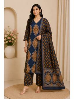 Gahan - Blue & Gold Ethnic Motif Cotton Straight Navy Blue Kurta with Pant & Dupatta
