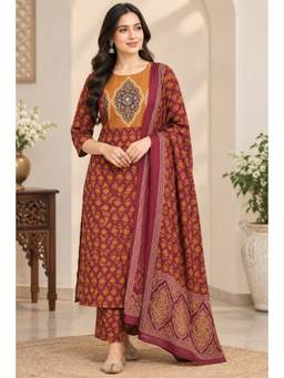Gahan - Women Printed Regular Pure Cotton Front Embroidery Maroon Kurta with Pant & Dupatta