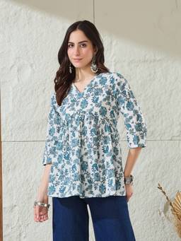 Gahan - Women Cotton Floral Printed Gathered Blue Tunic
