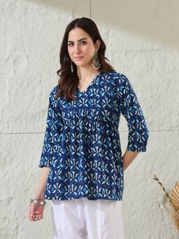 Gahan - Women Cotton Floral Printed Gathered Blue Tunic