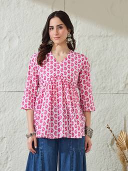 Gahan - Women Cotton Floral Printed Gathered Pink Tunic