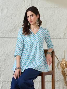 Gahan - Women Cotton Floral Printed Gathered White Tunic