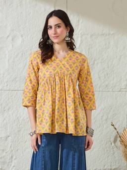 Gahan - Women Cotton Floral Printed Gathered Yellow Tunic