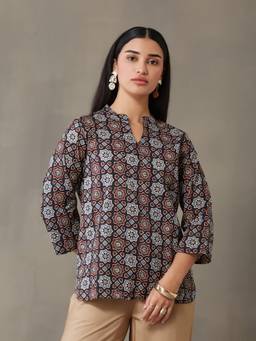 Gahan - Women Cotton Printed Casual Black Tunic