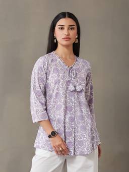 Gahan - Women Cotton Printed Casual Lavender Tunic