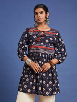 Gahan - Women Cotton Block Printed Navy Blue Tunic