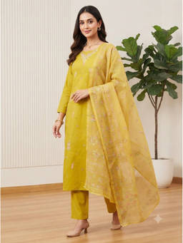 Gahan - Mustard Yellow Roman Silk Floral Embroidered Kurta with Pant & Dupatta